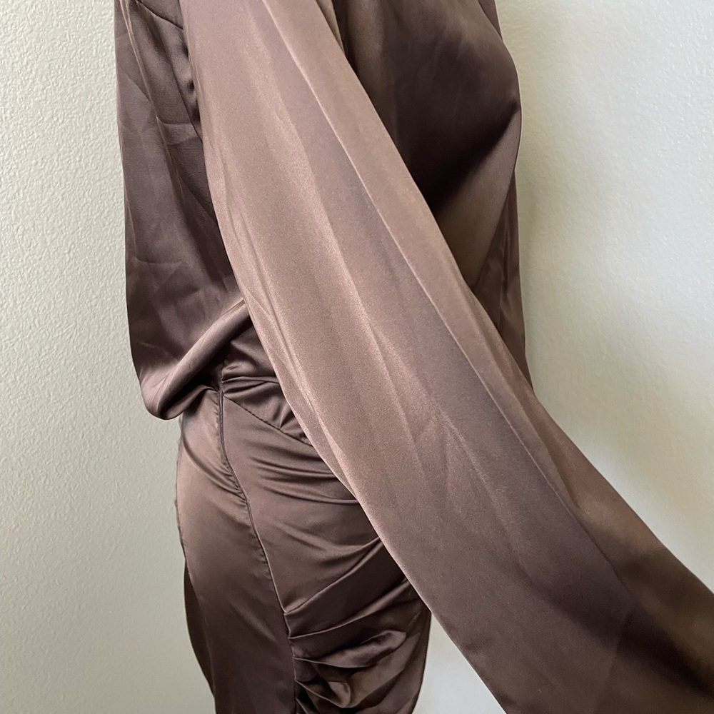 L’ABEYE Brown Satin Wrap Dress - Picture 3 of 8